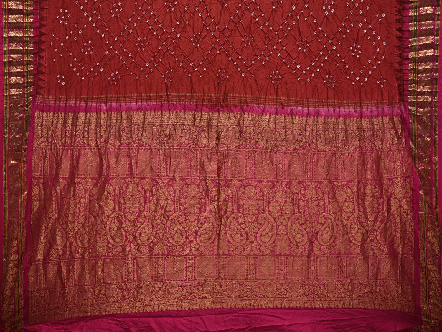 Dark Red Bandhani Kanchipuram Silk Handloom Saree with Border and Pallu Design bn0348