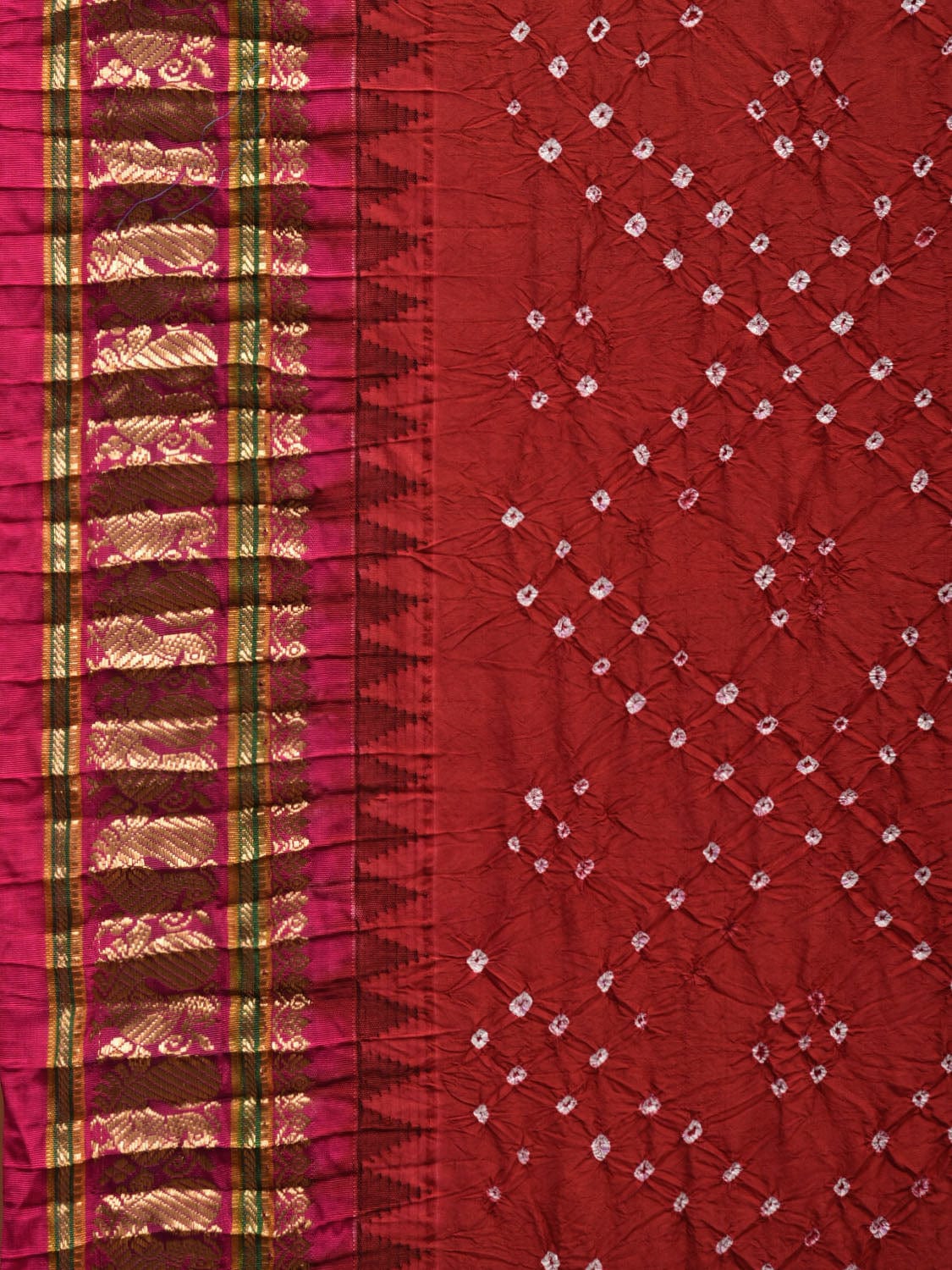 Dark Red Bandhani Kanchipuram Silk Handloom Saree with Border and Pallu Design bn0348