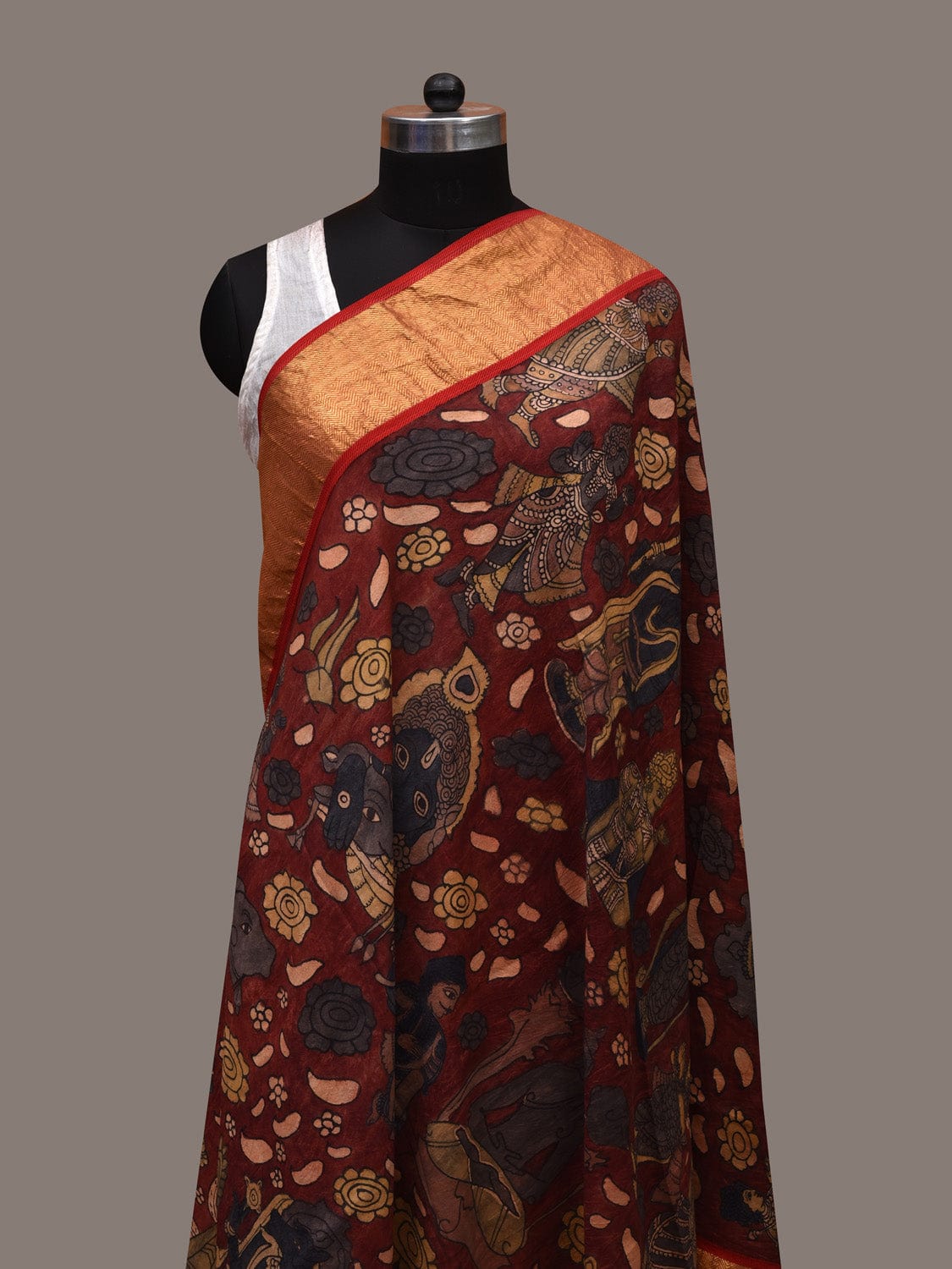 Dark Red Kalamkari Hand Painted Kanchipuram Silk Handloom Dupatta with Dashavatar Design ds2712