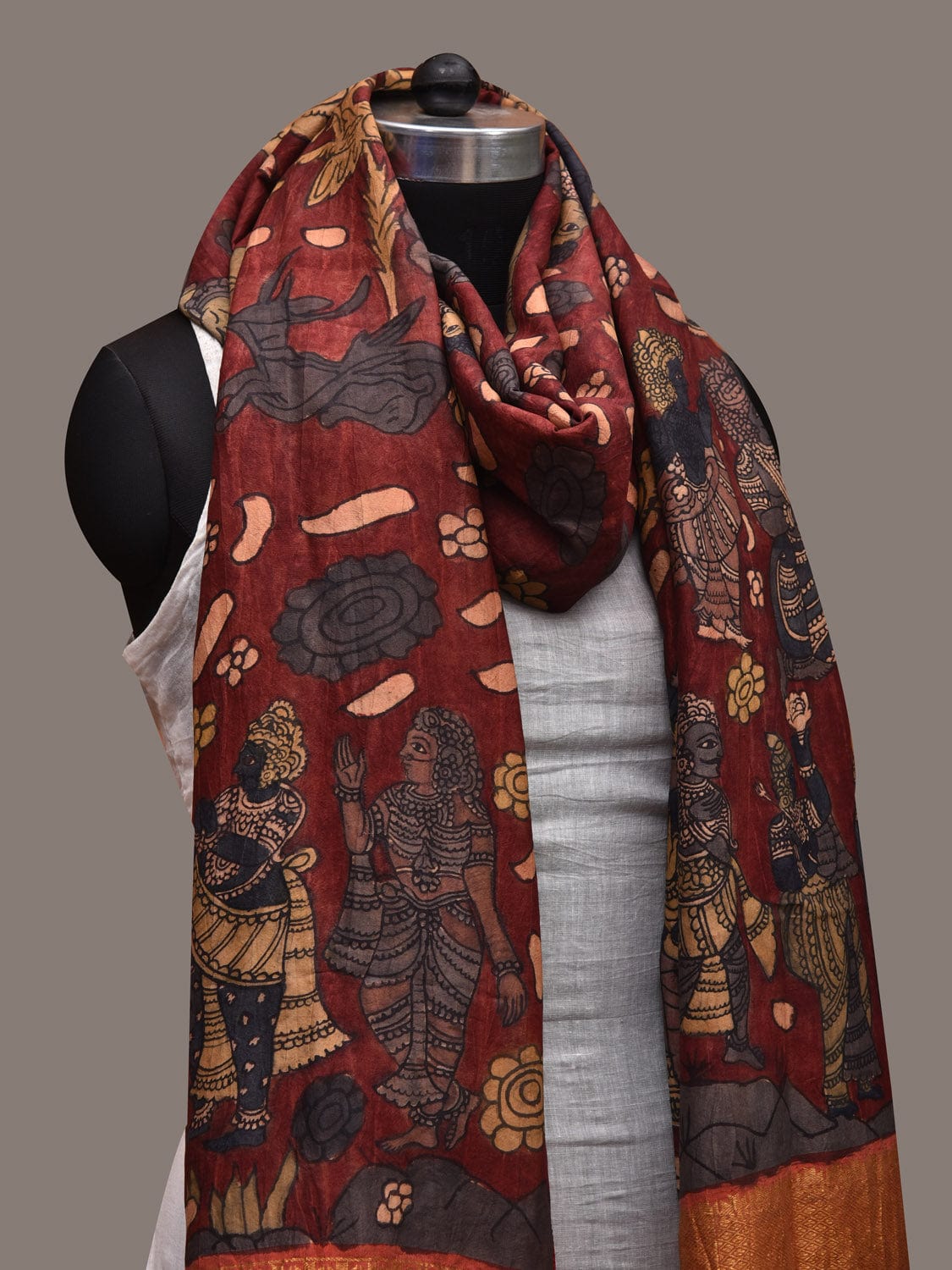 Dark Red Kalamkari Hand Painted Kanchipuram Silk Handloom Dupatta with Dashavatar Design ds2712