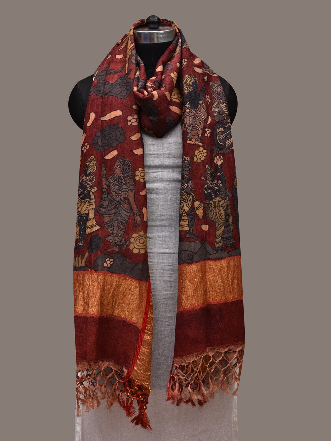 Dark Red Kalamkari Hand Painted Kanchipuram Silk Handloom Dupatta with Dashavatar Design ds2712