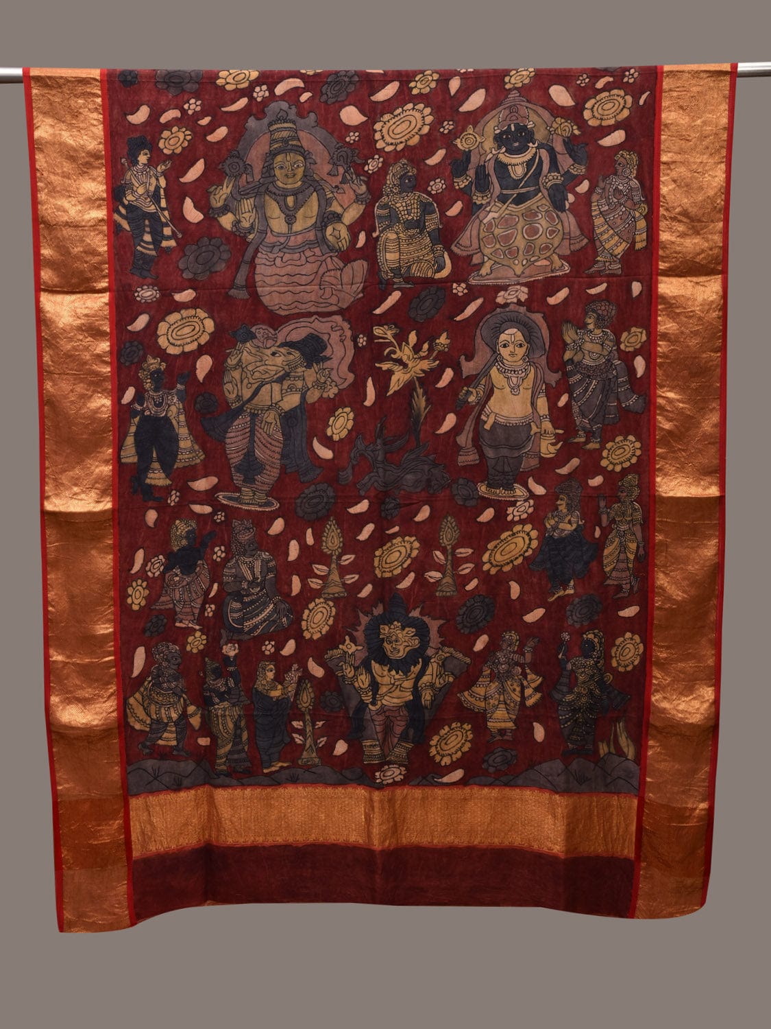 Dark Red Kalamkari Hand Painted Kanchipuram Silk Handloom Dupatta with Dashavatar Design ds2712