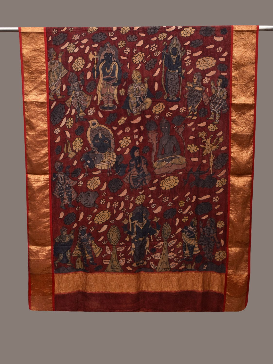 Dark Red Kalamkari Hand Painted Kanchipuram Silk Handloom Dupatta with Dashavatar Design ds2712