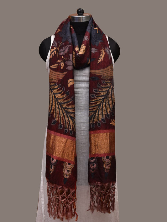Dark Red Kalamkari Hand Painted Kanchipuram Silk Handloom Dupatta with Lotus Flowers and Peacocks Design ds2714