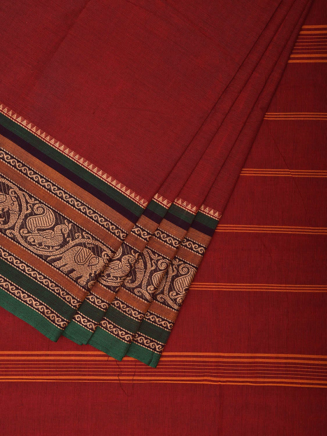 Dark Red Kanchipuram 80s Cotton Plain Saree with Peacock-Elephant Border Design No Blouse k0662