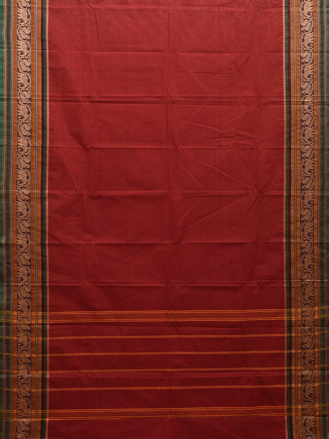 Dark Red Kanchipuram 80s Cotton Plain Saree with Peacock-Elephant Border Design No Blouse k0662
