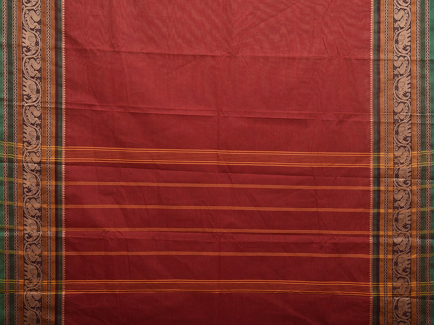 Dark Red Kanchipuram 80s Cotton Plain Saree with Peacock-Elephant Border Design No Blouse k0662