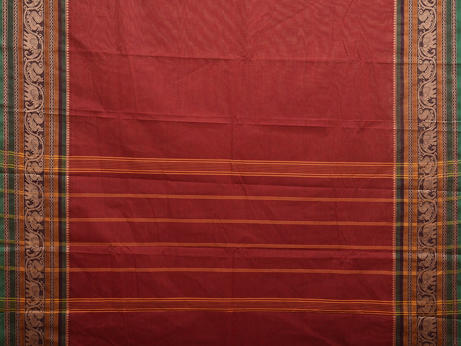 Dark Red Kanchipuram 80s Cotton Plain Saree with Peacock-Elephant Border Design No Blouse k0662
