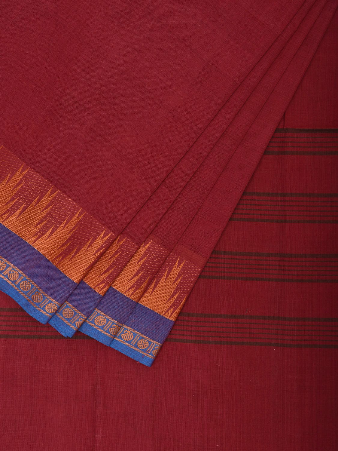 Dark Red Kanchipuram Cotton Plain Saree with Temple Border and Strips Pallu Design k0803
