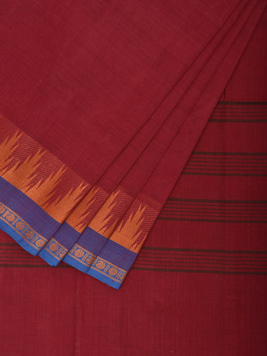 Dark Red Kanchipuram Cotton Plain Saree with Temple Border and Strips Pallu Design k0803