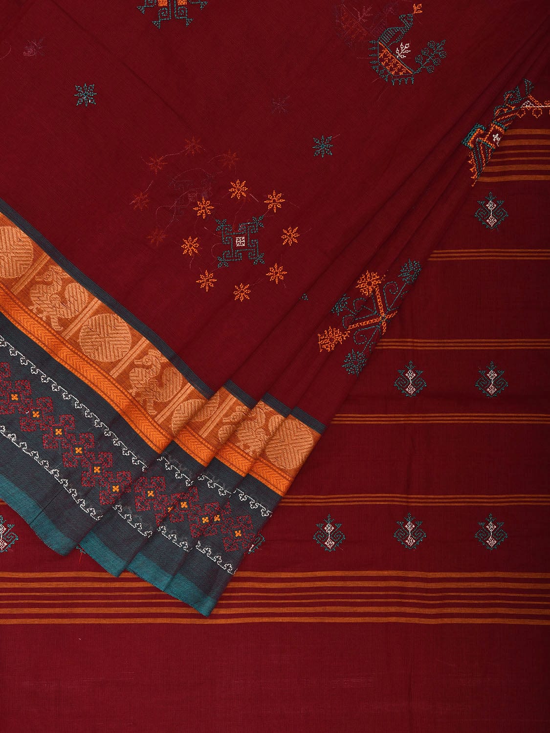 Dark Red Kanchipuram Cotton Saree with Kasuti Work and Border Design No Blouse o0667