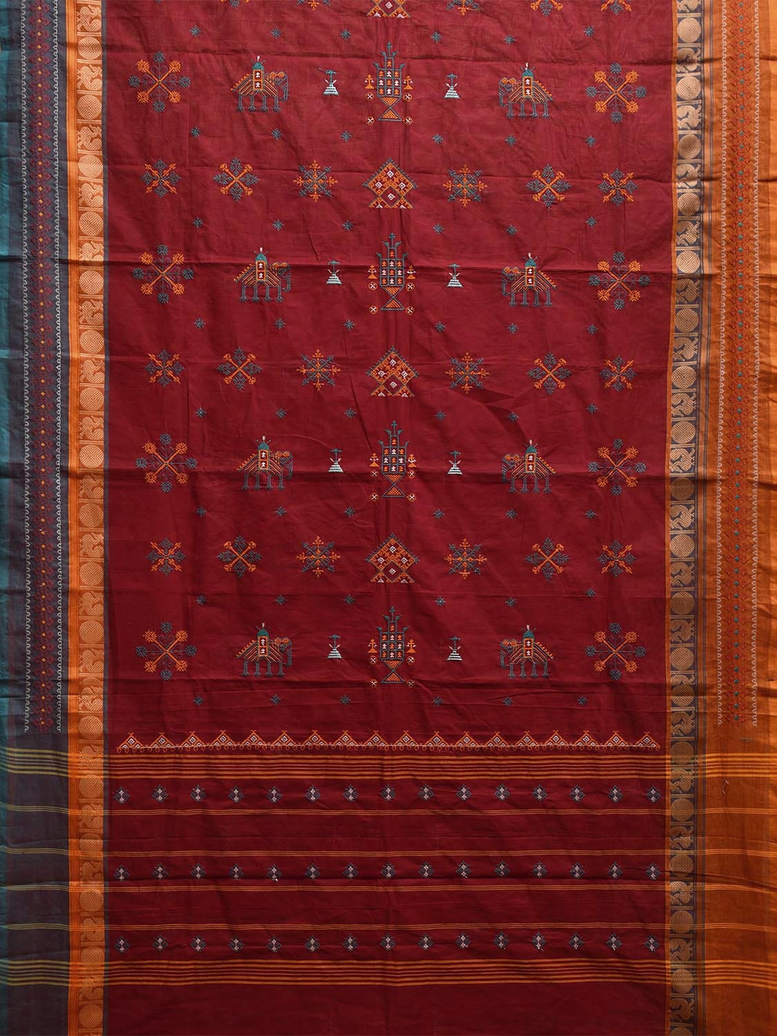 Dark Red Kanchipuram Cotton Saree with Kasuti Work and Border Design No Blouse o0667