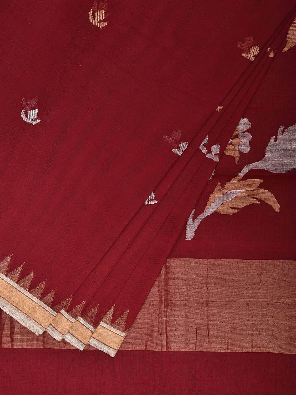 Dark Red Khadi Cotton Handloom Saree with Floral Pallu Design kh0694