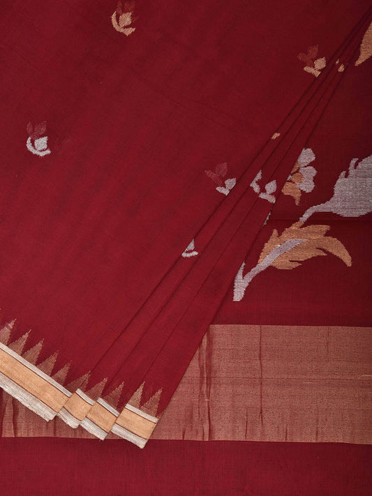 Dark Red Khadi Cotton Handloom Saree with Floral Pallu Design kh0694