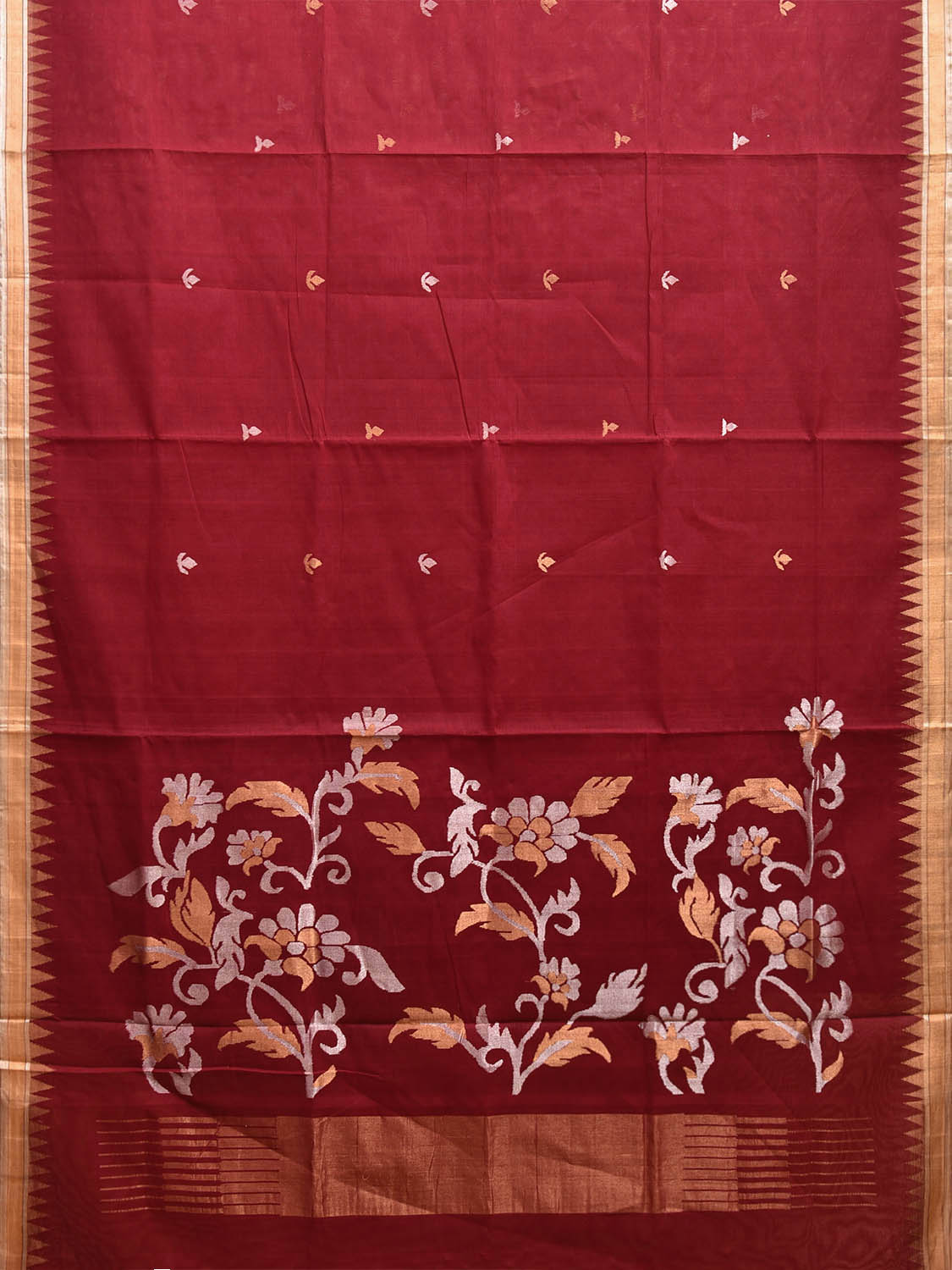 Dark Red Khadi Cotton Handloom Saree with Floral Pallu Design kh0694
