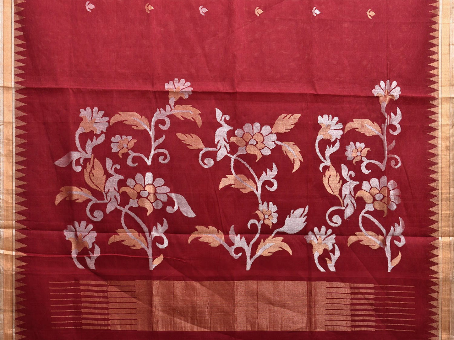 Dark Red Khadi Cotton Handloom Saree with Floral Pallu Design kh0694