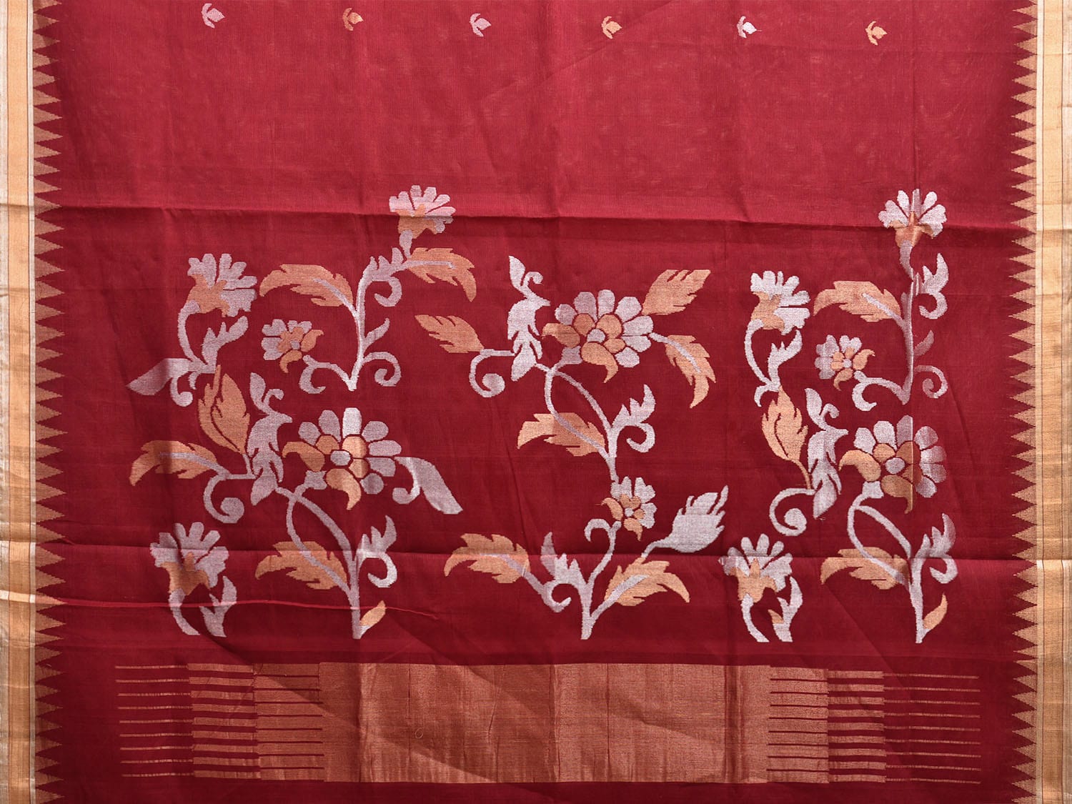 Dark Red Khadi Cotton Handloom Saree with Floral Pallu Design kh0694