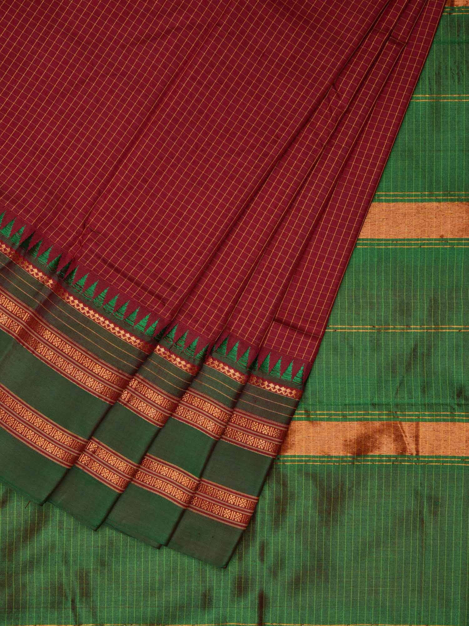 Dark Red Narayanpet Silk Handloom Checks Saree with Temple Border No Blouse np0182