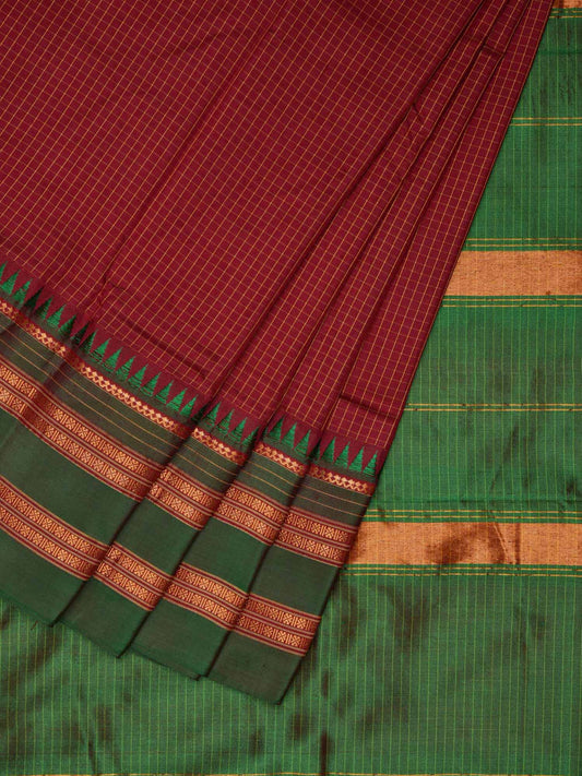 Dark Red Narayanpet Silk Handloom Checks Saree with Temple Border No Blouse np0182