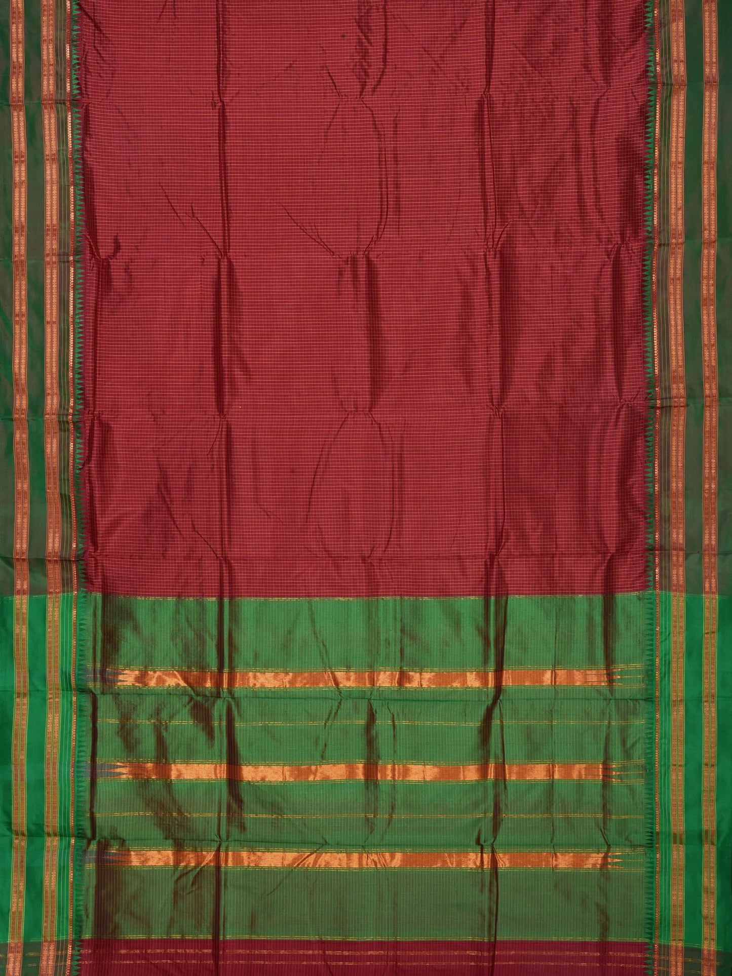 Dark Red Narayanpet Silk Handloom Checks Saree with Temple Border No Blouse np0182