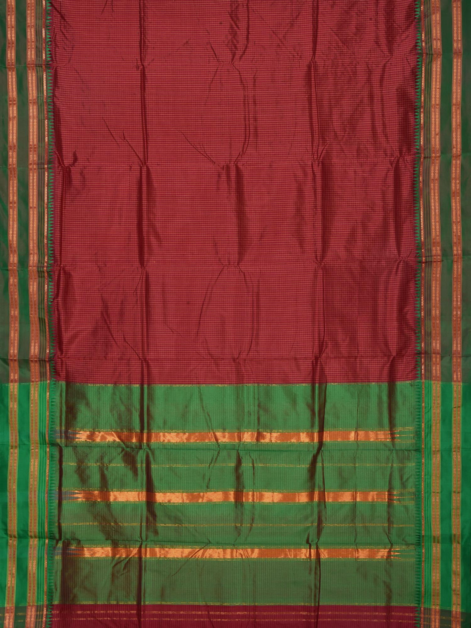Dark Red Narayanpet Silk Handloom Checks Saree with Temple Border No Blouse np0182
