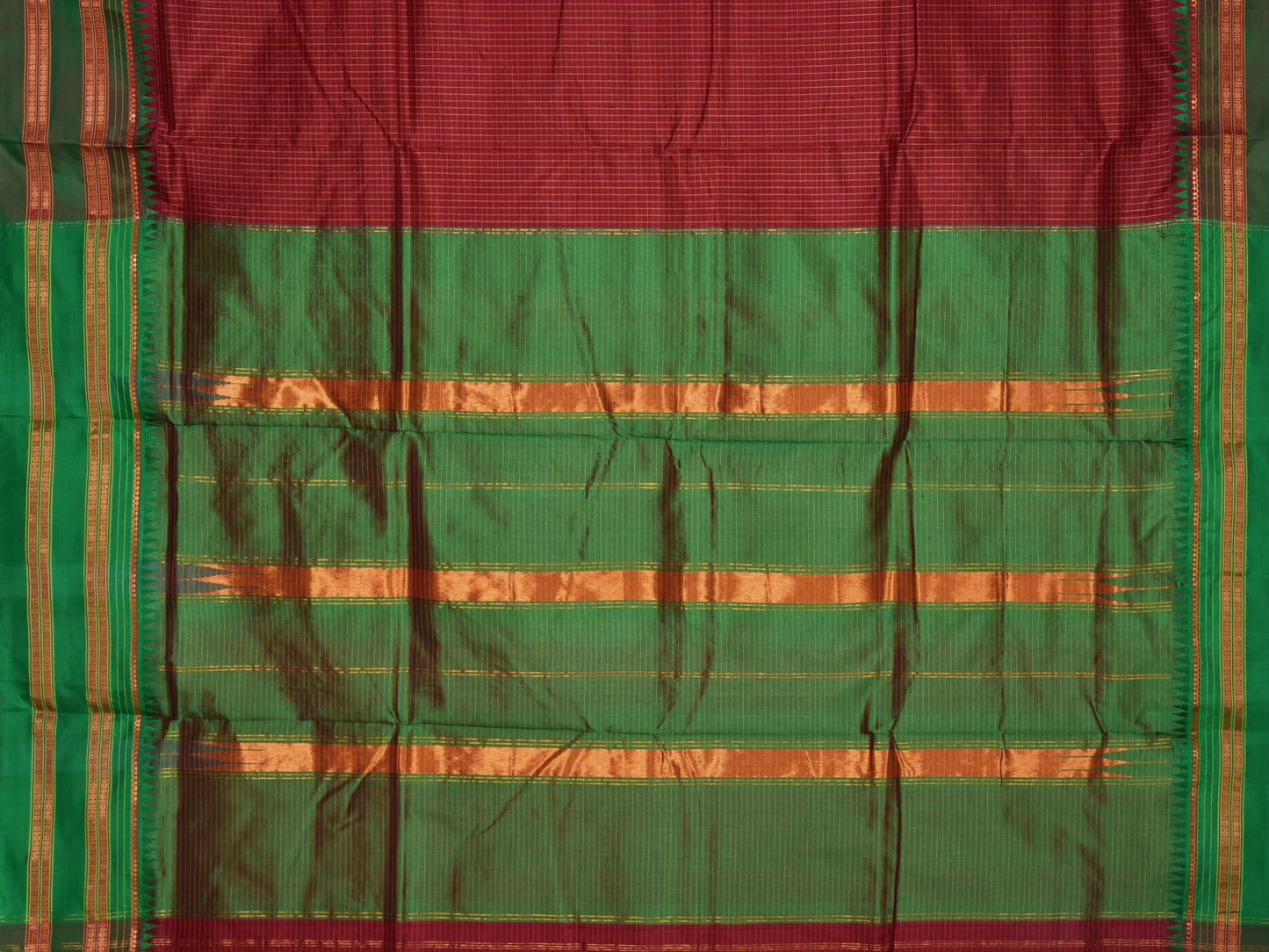 Dark Red Narayanpet Silk Handloom Checks Saree with Temple Border No Blouse np0182