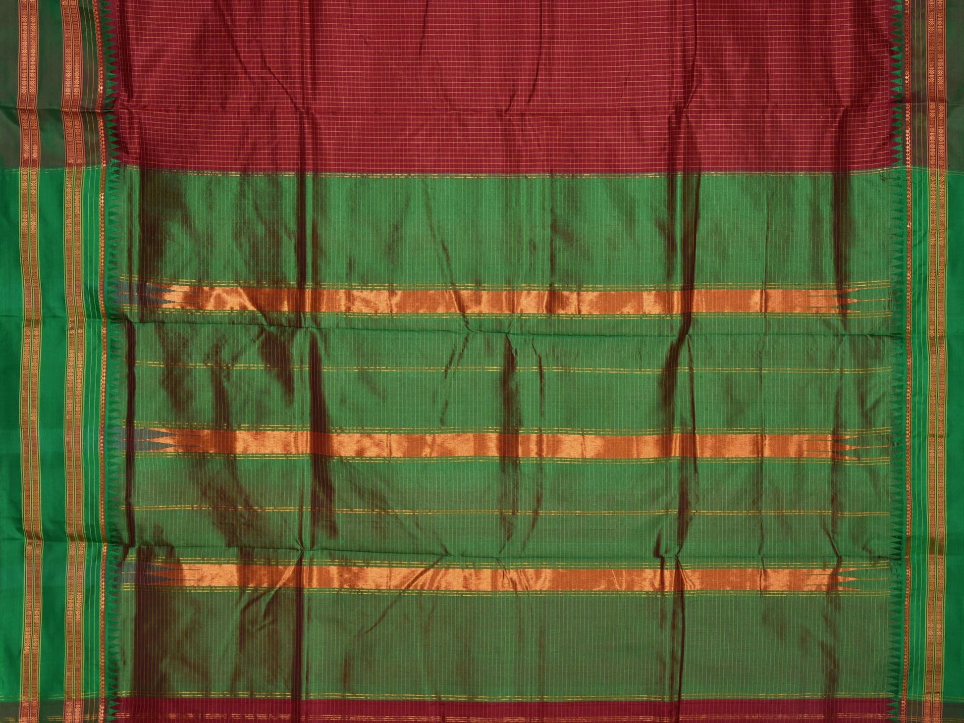 Dark Red Narayanpet Silk Handloom Checks Saree with Temple Border No Blouse np0182