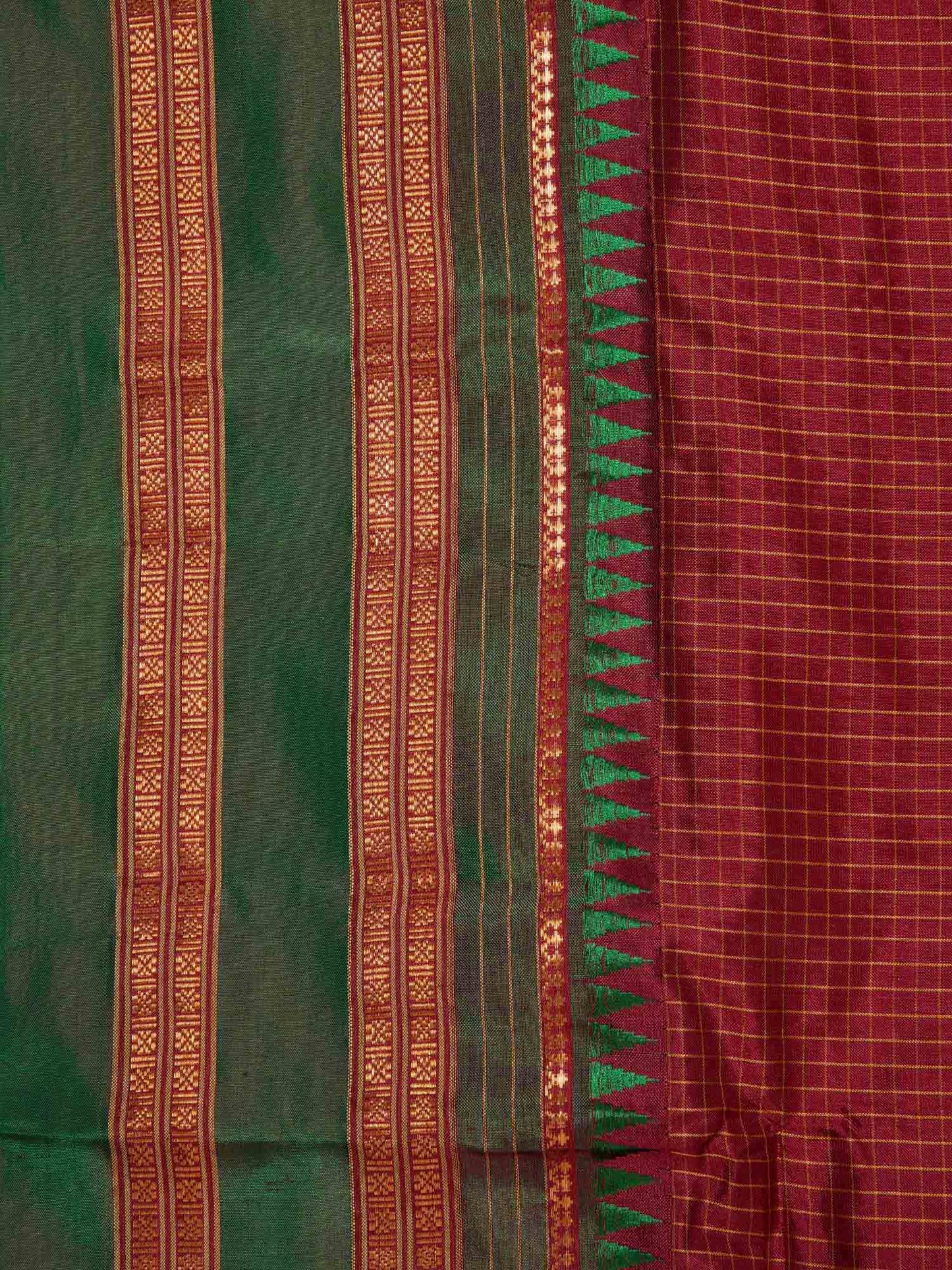 Dark Red Narayanpet Silk Handloom Checks Saree with Temple Border No Blouse np0182