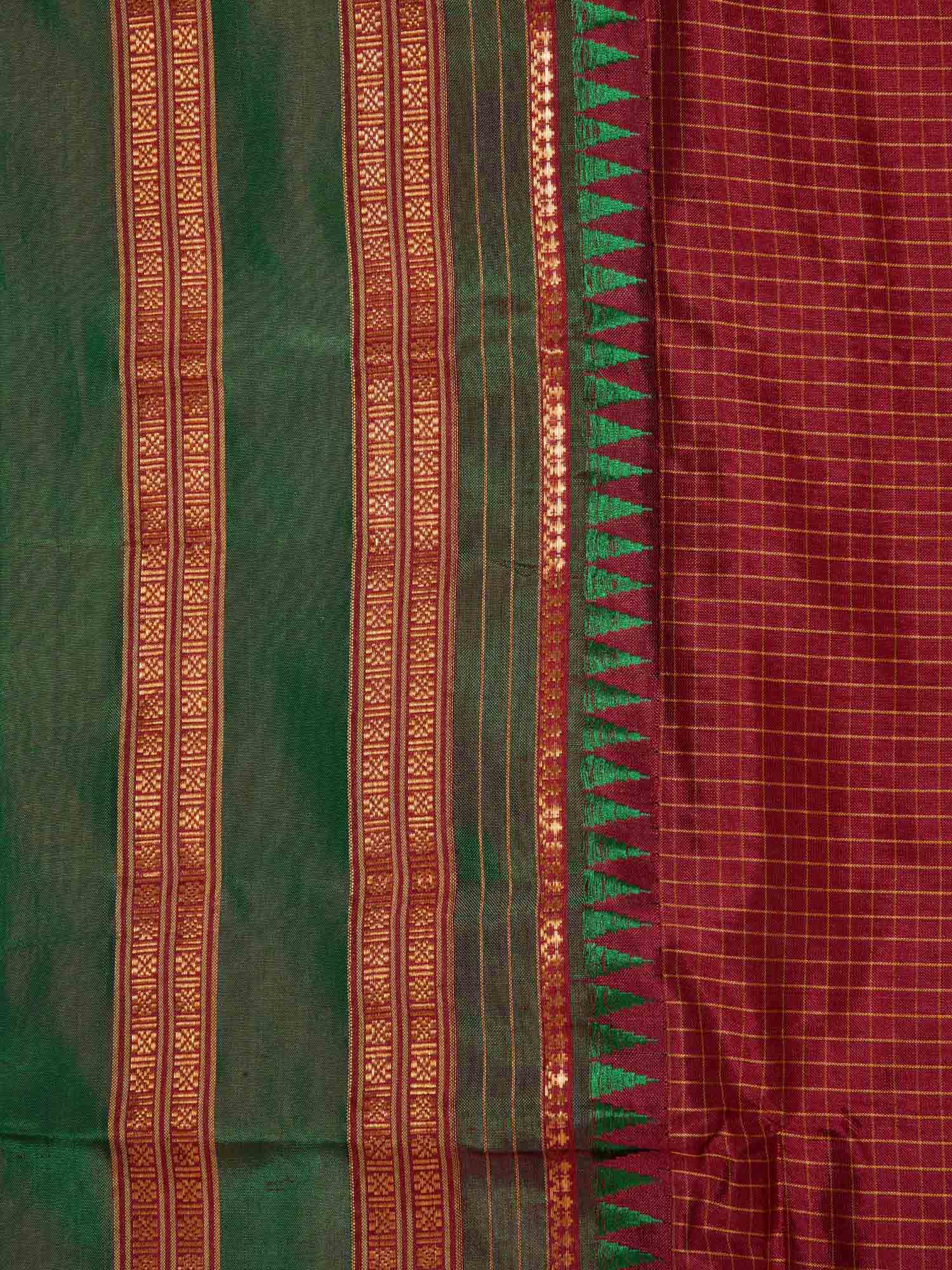 Dark Red Narayanpet Silk Handloom Checks Saree with Temple Border No Blouse np0182