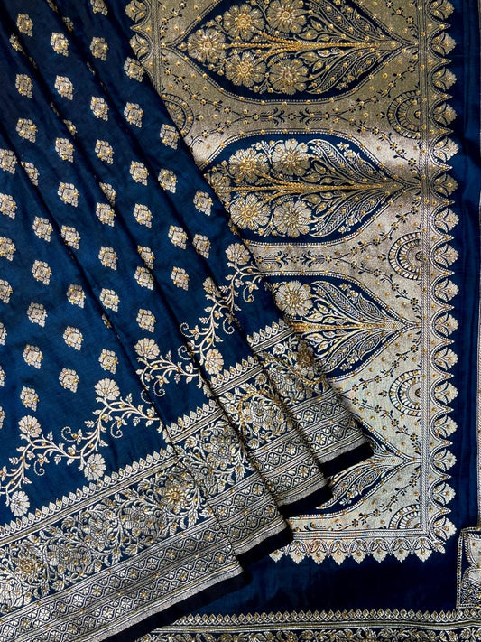 Dark Royal Blue Banaras Katan Silk Saree with Body Butti and Stone Work Design b0374ds