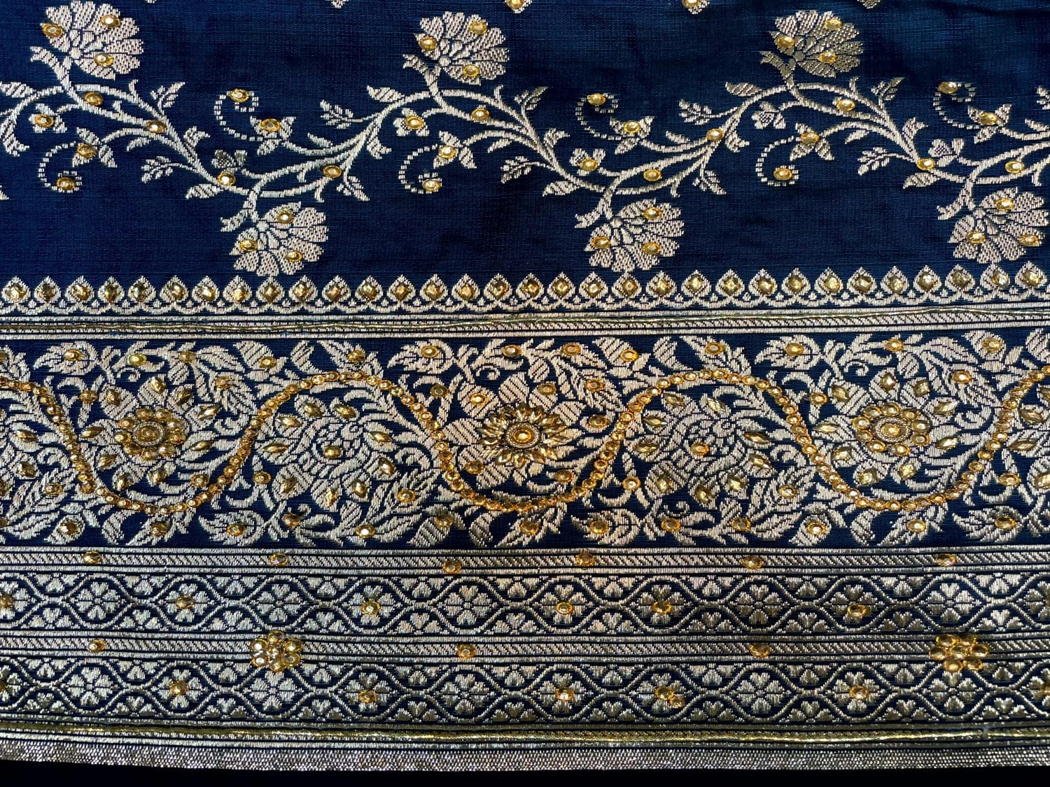 Dark Royal Blue Banaras Katan Silk Saree with Body Butti and Stone Work Design b0374ds