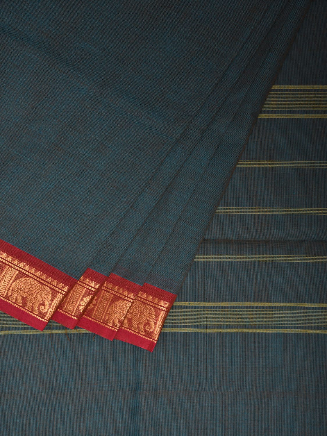 Dark Teal Kanchipuram Cotton Plain Saree with Elephant Border Design Kalamkari Blouse k0819