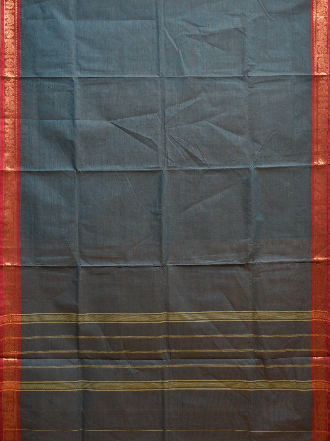 Dark Teal Kanchipuram Cotton Plain Saree with Elephant Border Design Kalamkari Blouse k0819