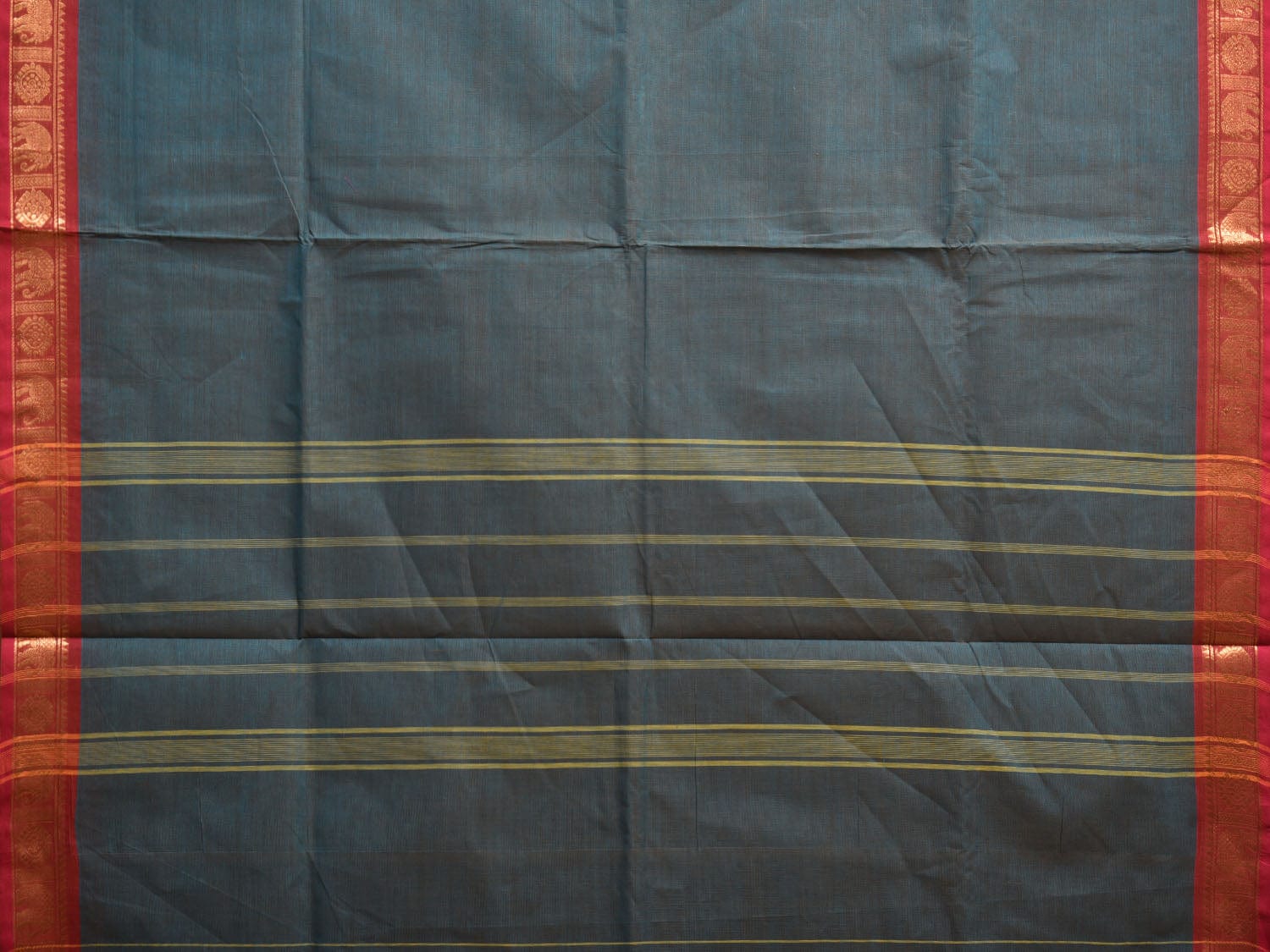 Dark Teal Kanchipuram Cotton Plain Saree with Elephant Border Design Kalamkari Blouse k0819