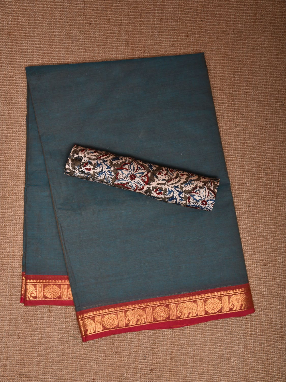Dark Teal Kanchipuram Cotton Plain Saree with Elephant Border Design Kalamkari Blouse k0819