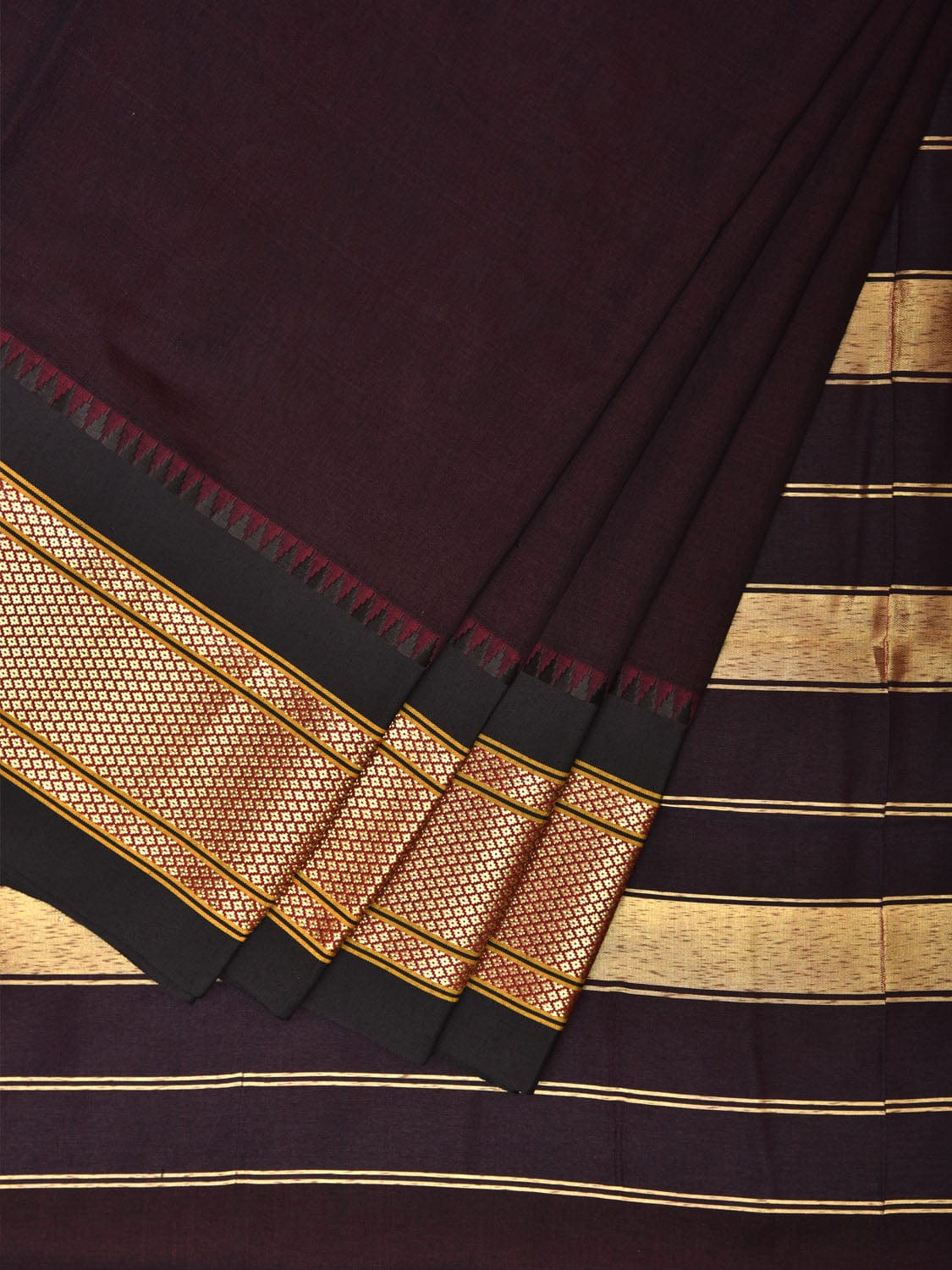 Dark Wine and Black Bamboo Cotton Plain Saree with Contrast Pallu Design No Blouse bc0619