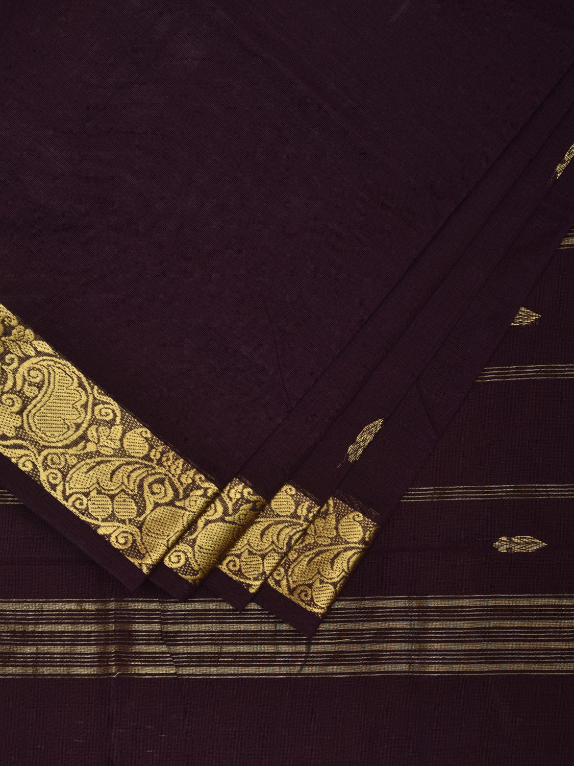 Dark Wine Kanchipuram Cotton Handloom Saree with Small Body Buta and Border Design k0549