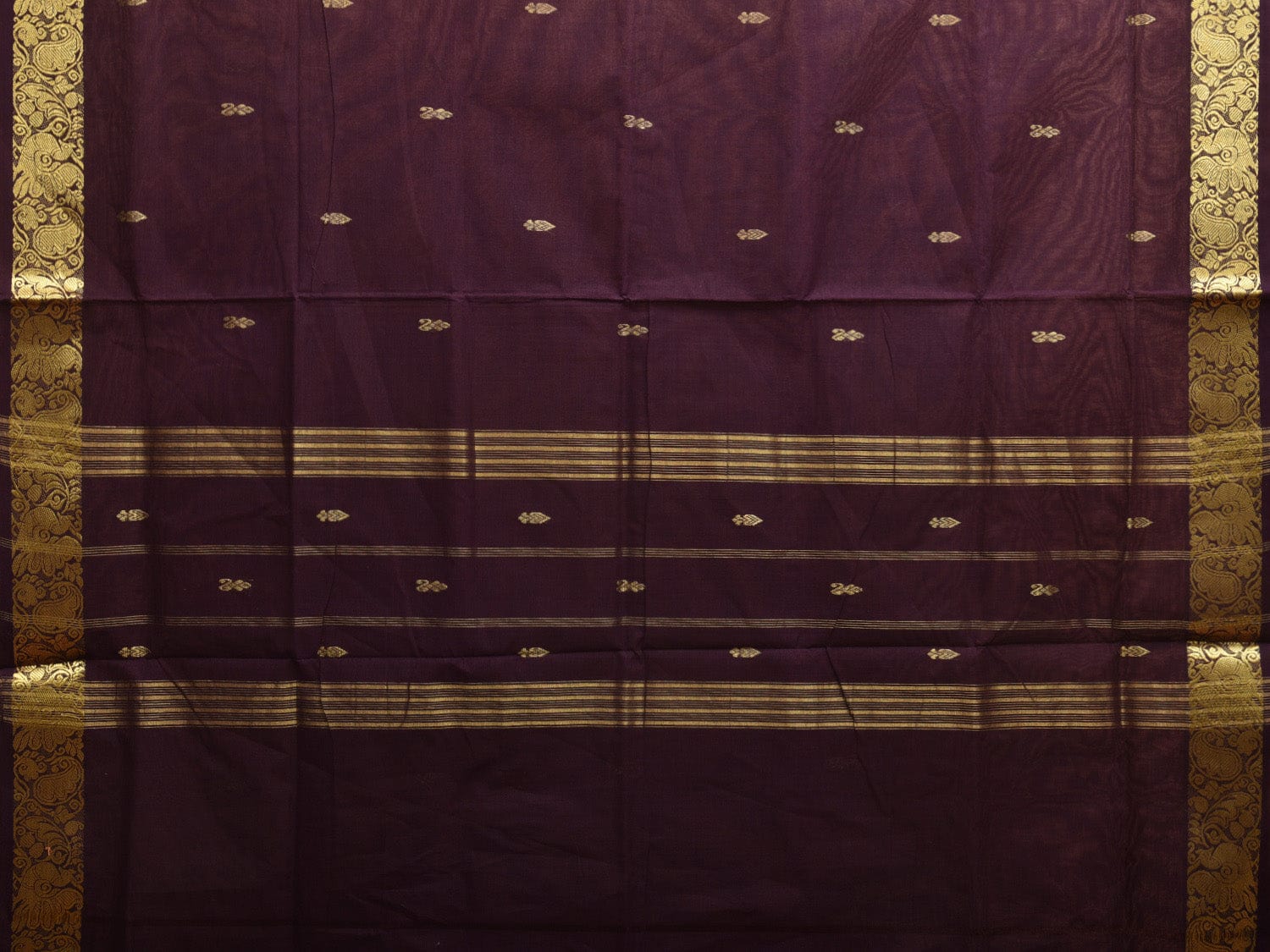 Dark Wine Kanchipuram Cotton Handloom Saree with Small Body Buta and Border Design k0549