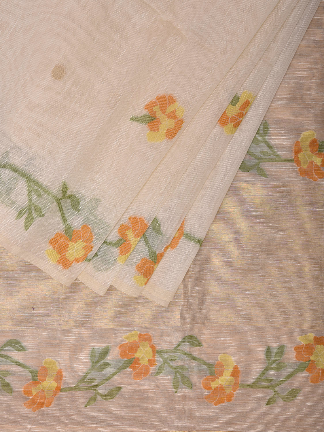 Cream and Mustard Dhakai Jamdani Cotton Viscose Saree with Floral Body Buta and Border Design dj0006