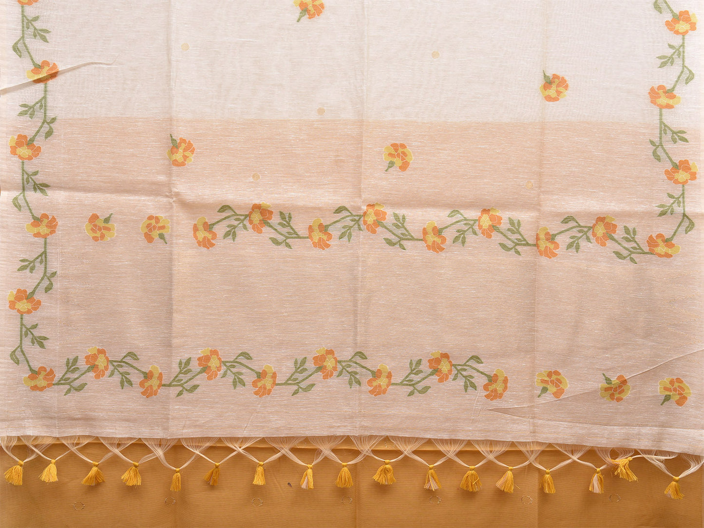 Cream and Mustard Dhakai Jamdani Cotton Viscose Saree with Floral Body Buta and Border Design dj0006