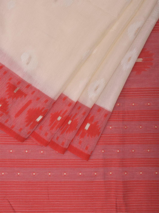 White and Red Dhakai Jamdani Cotton Viscose Saree with Body Buta and Border Design dj0007