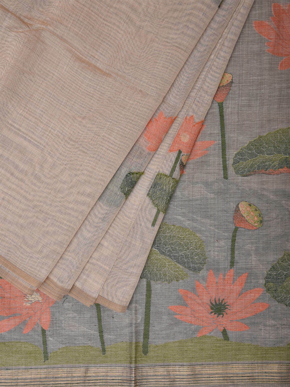 Cream and Olive Dhakai Jamdani Cotton Viscose Saree with Lotus Flower Body Buta and Pallu Design dj0008