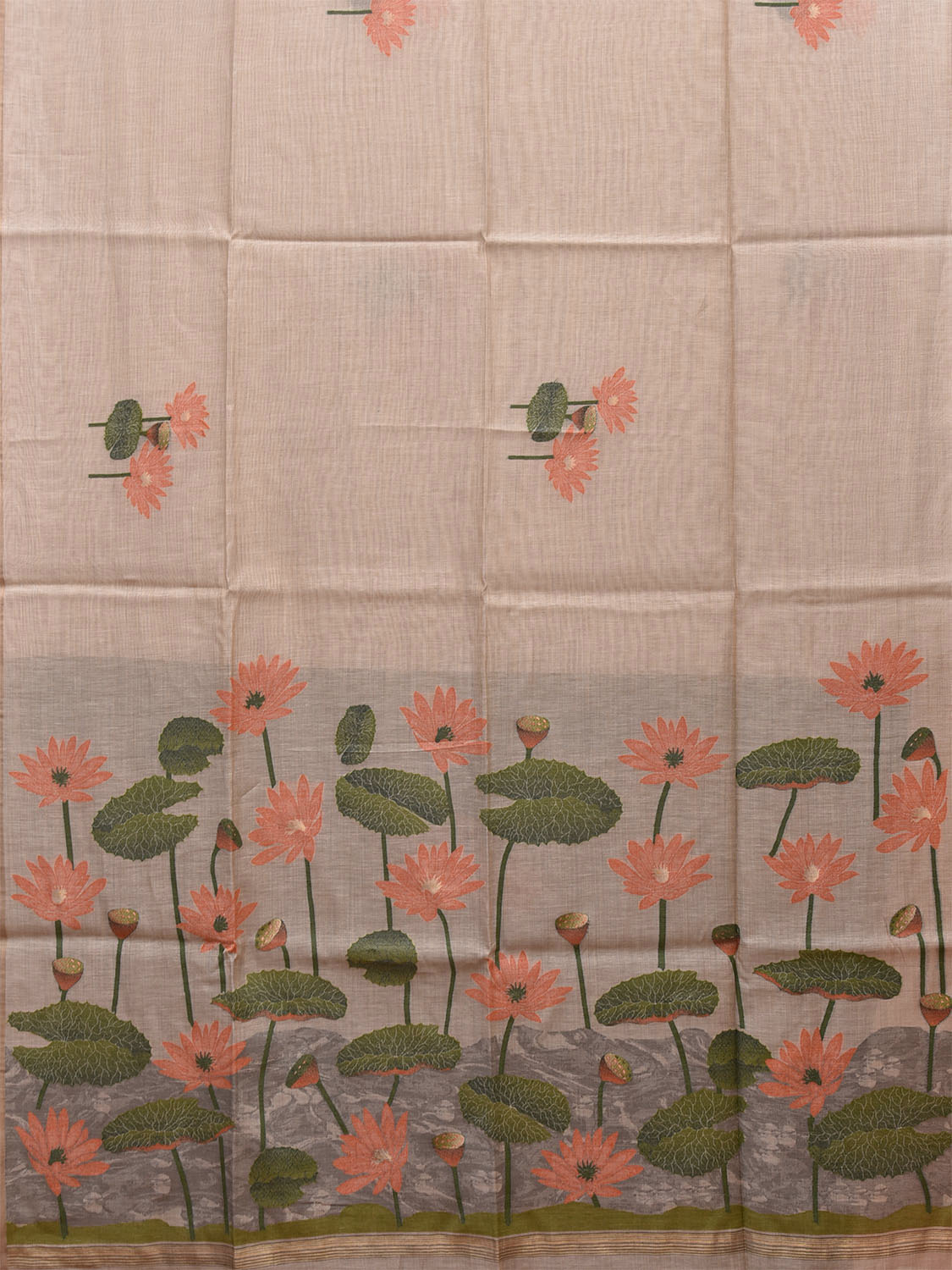 Cream and Olive Dhakai Jamdani Cotton Viscose Saree with Lotus Flower Body Buta and Pallu Design dj0008