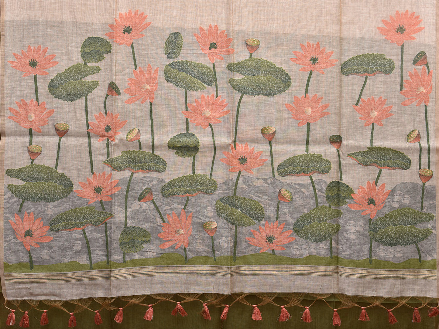 Cream and Olive Dhakai Jamdani Cotton Viscose Saree with Lotus Flower Body Buta and Pallu Design dj0008