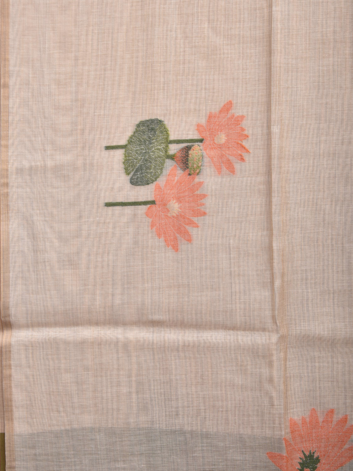 Cream and Olive Dhakai Jamdani Cotton Viscose Saree with Lotus Flower Body Buta and Pallu Design dj0008