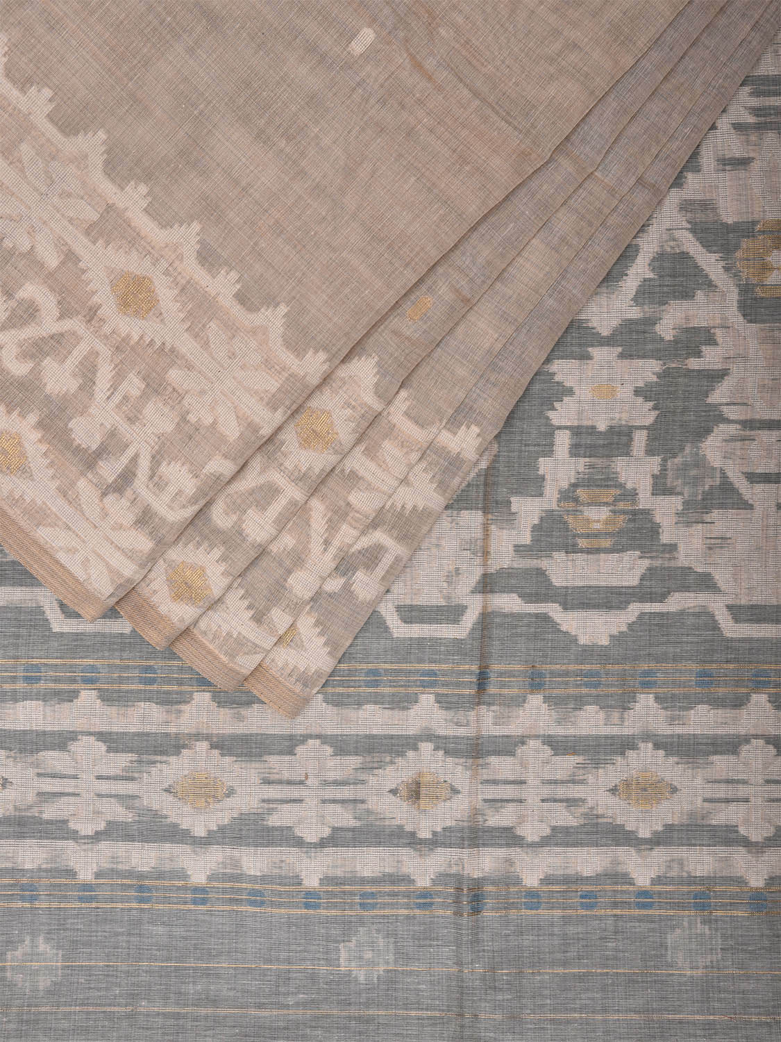 Cream and Light Blue Dhakai Jamdani Cotton Viscose Saree with Pallu and Border Design dj0009