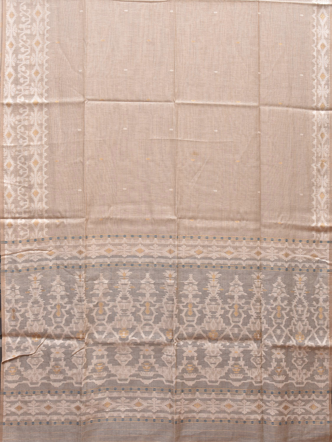 Cream and Light Blue Dhakai Jamdani Cotton Viscose Saree with Pallu and Border Design dj0009