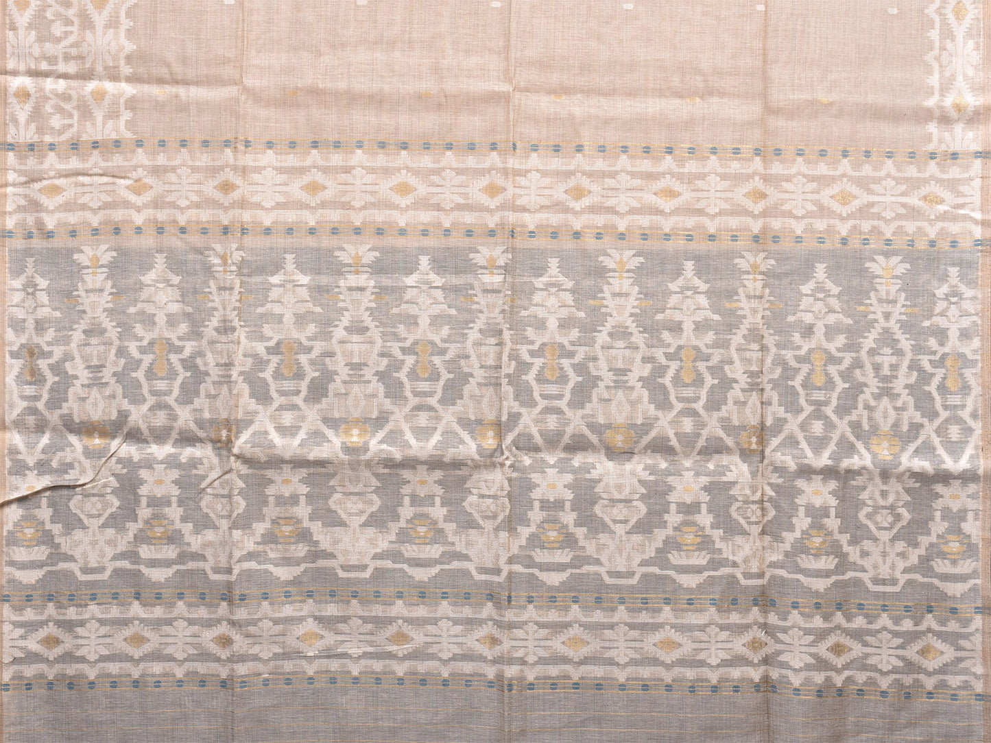 Cream and Light Blue Dhakai Jamdani Cotton Viscose Saree with Pallu and Border Design dj0009