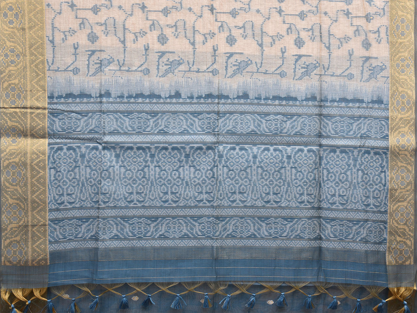 Cream and Light Blue Dhakai Jamdani Cotton Viscose Saree with All Over Birds and Pallu Design dj0010