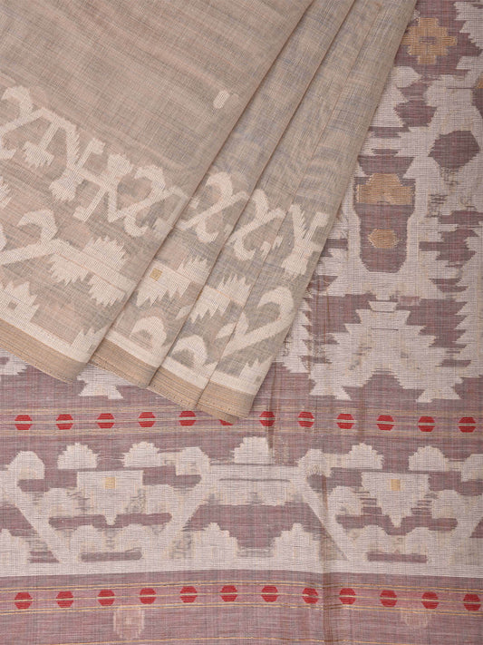 Cream and Rust Dhakai Jamdani Cotton Viscose Saree with Pallu and Border Design dj0011